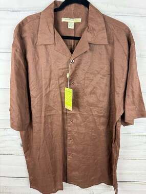Syllables Men's 2XL 100% Ramie Short Sleeve Button  Shirt Cappuccino Brown NWTS